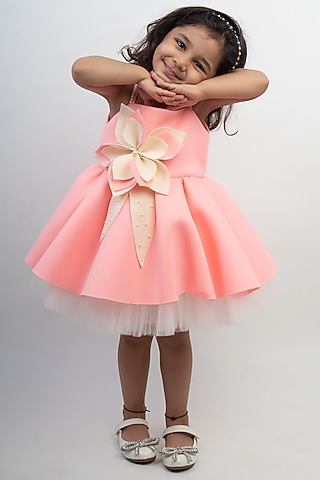 Peach & White Scuba Dress For Girls by Li'l Angels