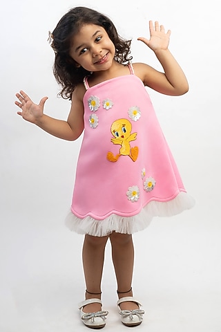 Pink Scuba Dress For Girls by Li'l Angels