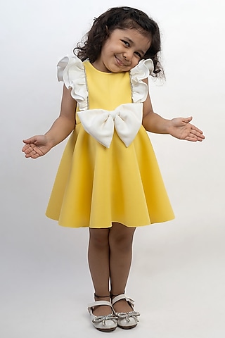 Yellow Scuba & Banana Crepe Dress For Girls by Li'l Angels