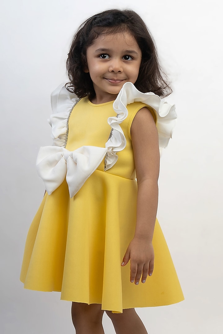 Yellow Scuba & Banana Crepe Dress For Girls by Li'l Angels at Pernia's Pop Up Shop