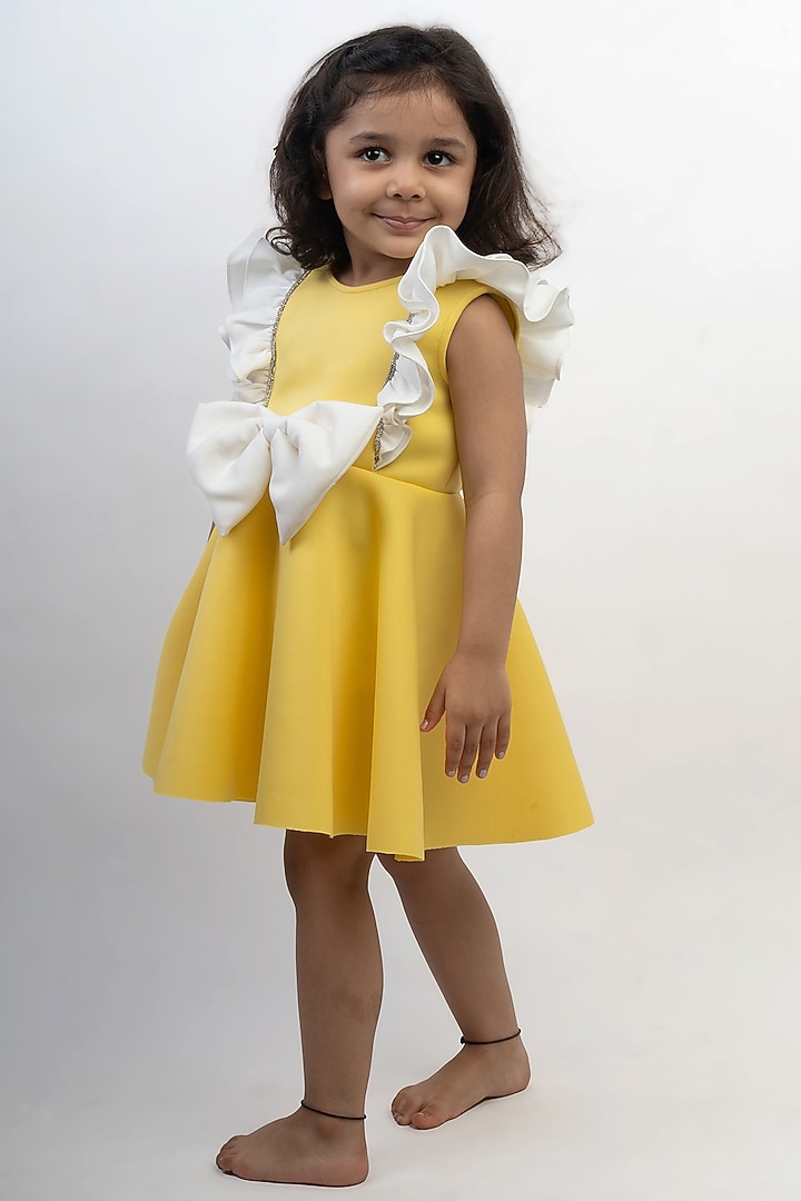 Yellow Scuba & Banana Crepe Dress For Girls by Li'l Angels at Pernia's Pop Up Shop