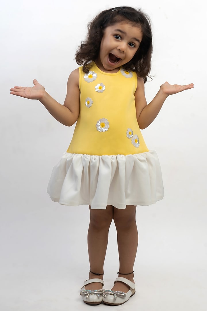 Yellow Scuba & Banana Crepe Dress For Girls by Li'l Angels at Pernia's Pop Up Shop