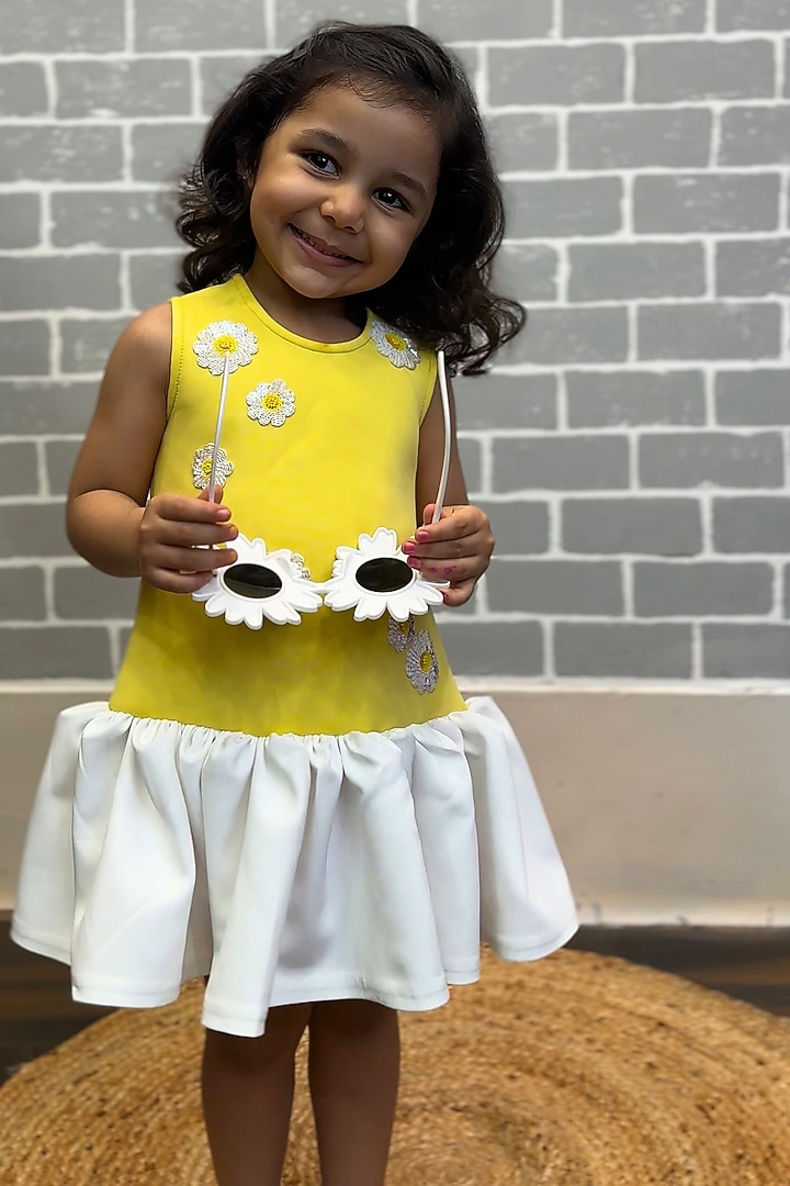 Yellow Scuba & Banana Crepe Dress For Girls by Li'l Angels at Pernia's Pop Up Shop