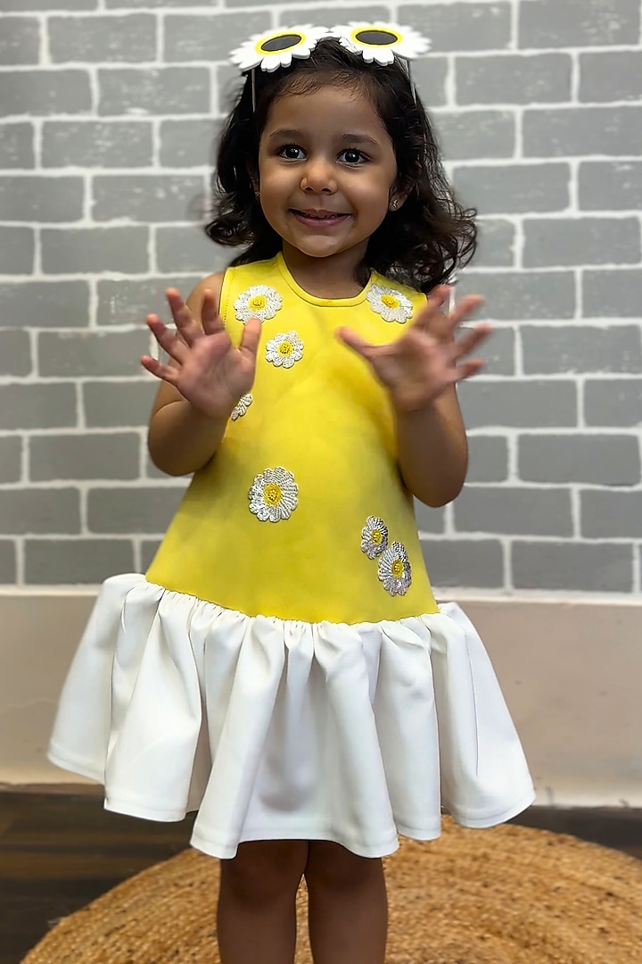Yellow Scuba & Banana Crepe Dress For Girls by Li'l Angels at Pernia's Pop Up Shop