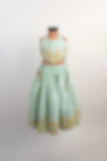 Sea Blue Silk Embroidered Lehenga Set For Girls by Li'l Angels at Pernia's Pop Up Shop