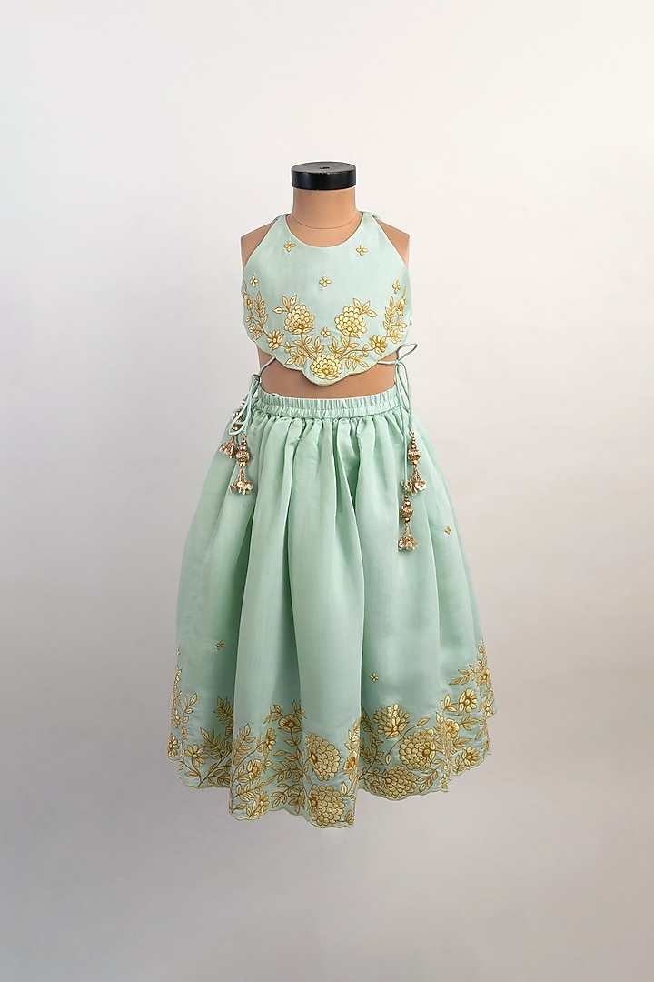 Sea Blue Silk Embroidered Lehenga Set For Girls by Li'l Angels at Pernia's Pop Up Shop
