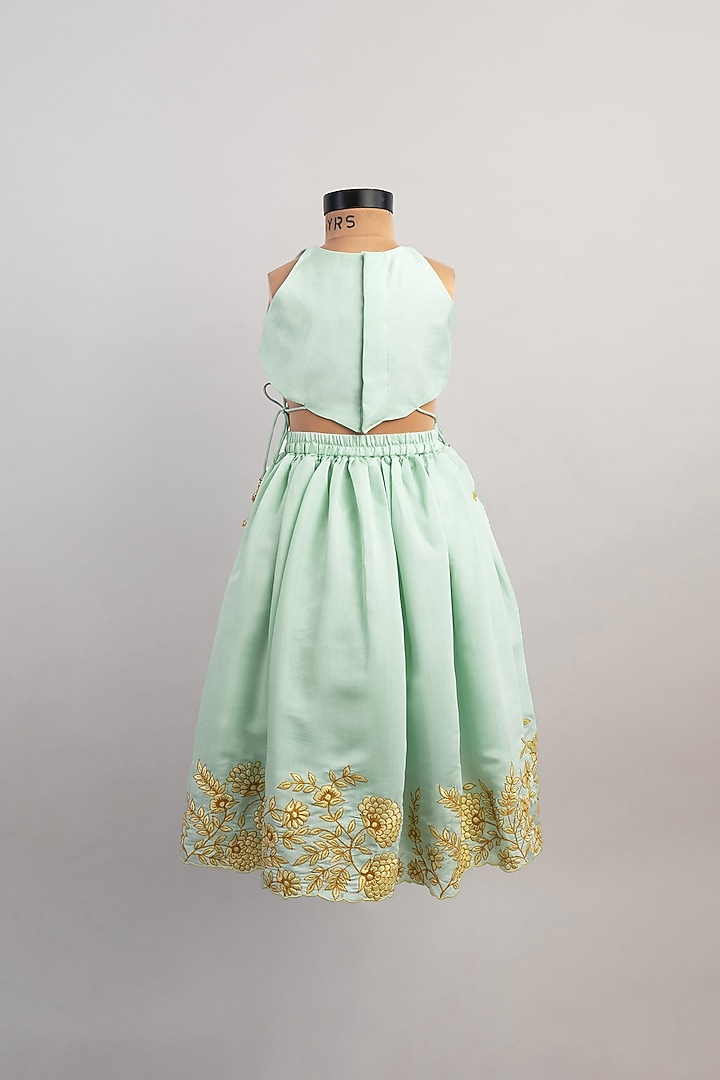 Sea Blue Silk Embroidered Lehenga Set For Girls by Li'l Angels at Pernia's Pop Up Shop