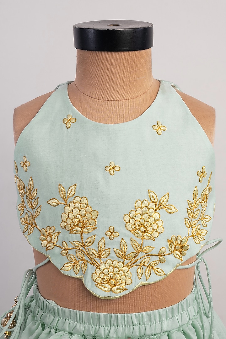 Sea Blue Silk Embroidered Lehenga Set For Girls by Li'l Angels at Pernia's Pop Up Shop