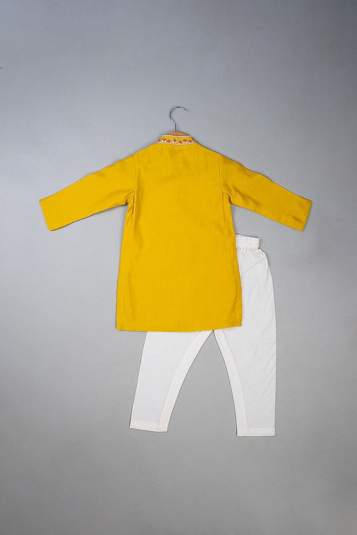 Mustard Silk Knot Embroidered Kurta Set For Boys by Li'l Angels at Pernia's Pop Up Shop