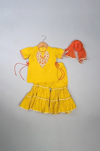 Mustard Silk Knot Sharara Set For Girls by Li'l Angels