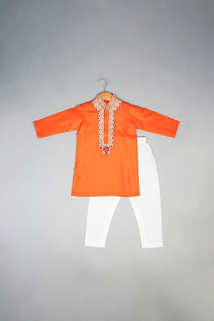 Orange Silk Knot Embroidered Kurta Set For Boys by Li'l Angels at Pernia's Pop Up Shop