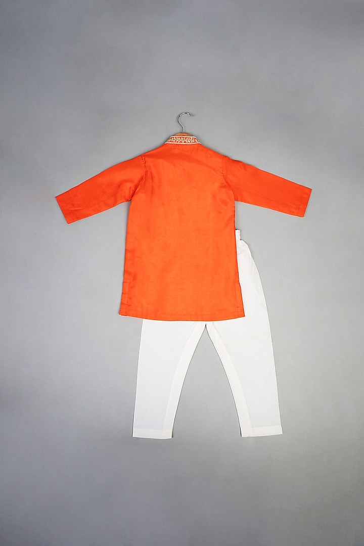 Orange Silk Knot Embroidered Kurta Set For Boys by Li'l Angels at Pernia's Pop Up Shop