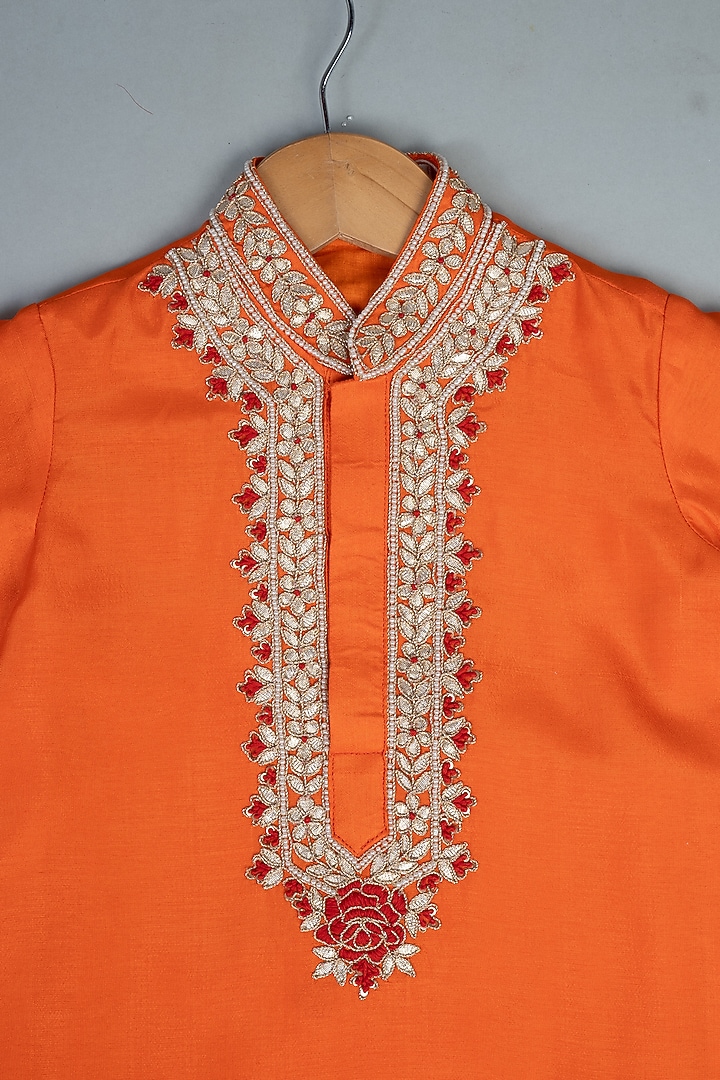 Orange Silk Knot Embroidered Kurta Set For Boys by Li'l Angels at Pernia's Pop Up Shop