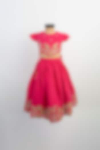 Pink Silk Thread Embroidered Lehenga Set For Girls by Li'l Angels at Pernia's Pop Up Shop