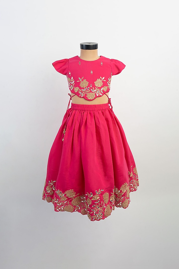 Pink Silk Thread Embroidered Lehenga Set For Girls by Li'l Angels at Pernia's Pop Up Shop