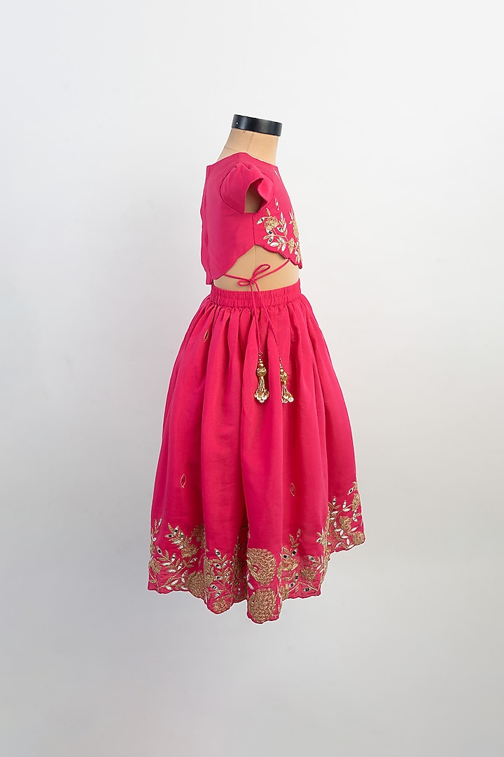 Pink Silk Thread Embroidered Lehenga Set For Girls by Li'l Angels at Pernia's Pop Up Shop