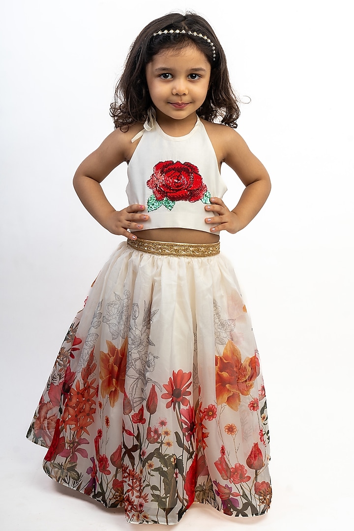 Off-White Silk & Organza Digital Printed Skirt Set For Girls by Li'l Angels at Pernia's Pop Up Shop