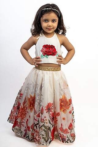 Off-White Silk & Organza Digital Printed Skirt Set For Girls by Li'l Angels