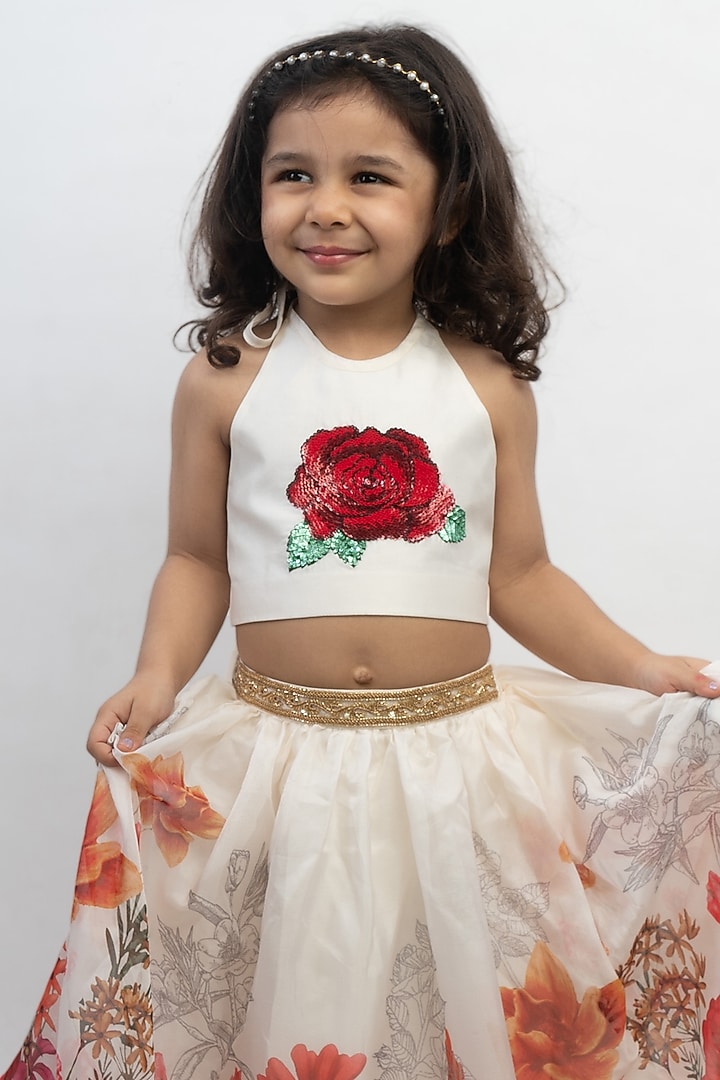 Off-White Silk & Organza Digital Printed Skirt Set For Girls by Li'l Angels at Pernia's Pop Up Shop