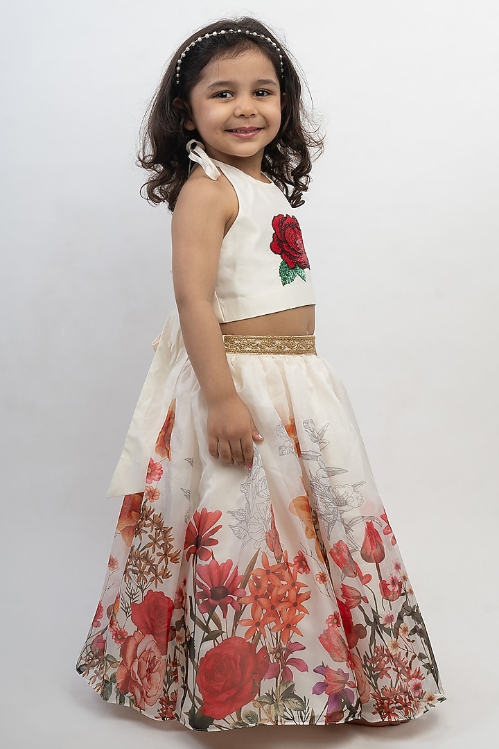 Off-White Silk & Organza Digital Printed Skirt Set For Girls by Li'l Angels at Pernia's Pop Up Shop