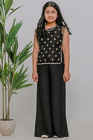 Black Silk Pant Set For Girls by Li'l Angels
