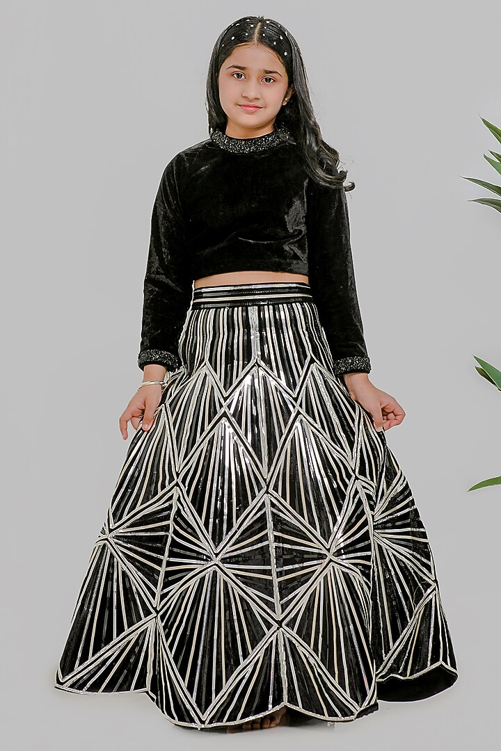 Black Silk Lehenga Set For Girls by Li'l Angels at Pernia's Pop Up Shop