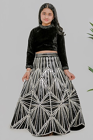 Black Silk Lehenga Set For Girls by Li'l Angels