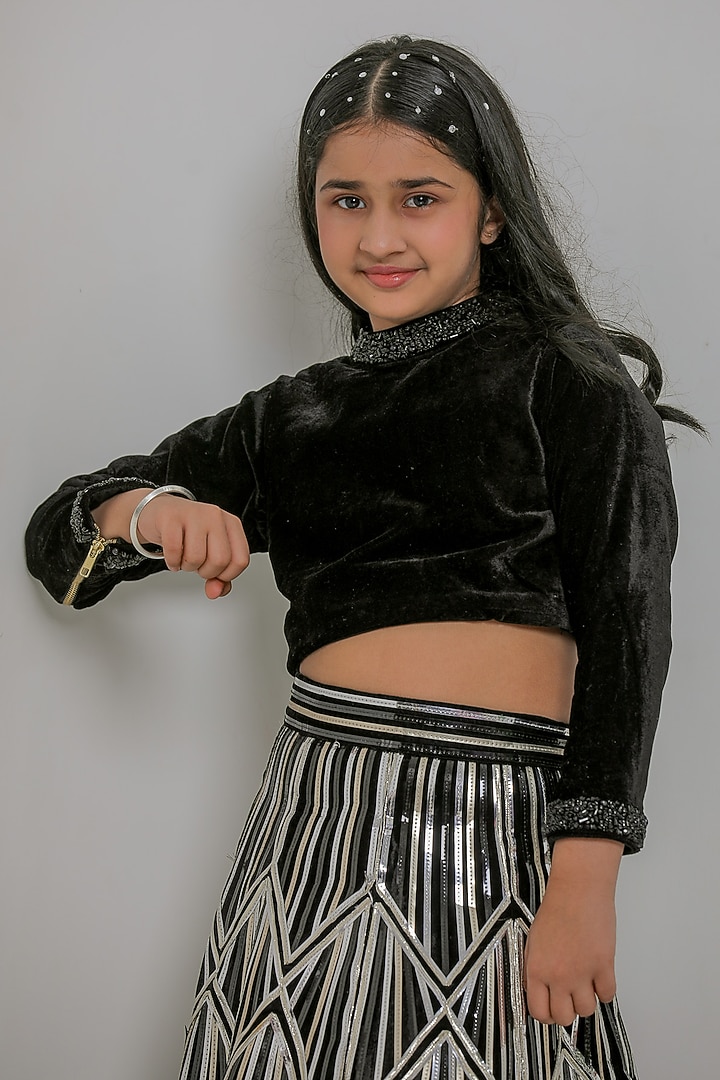 Black Silk Lehenga Set For Girls by Li'l Angels at Pernia's Pop Up Shop