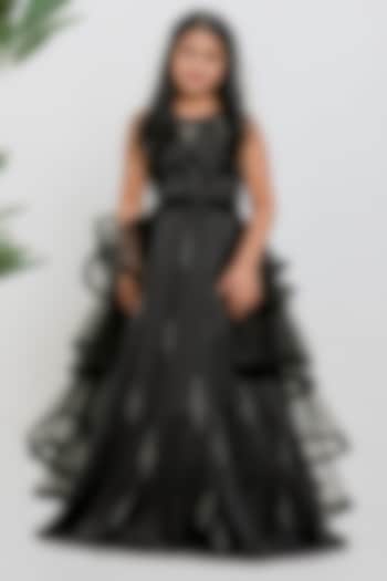 Black Satin Embroidered Gown With Drape For Girls by Li'l Angels at Pernia's Pop Up Shop