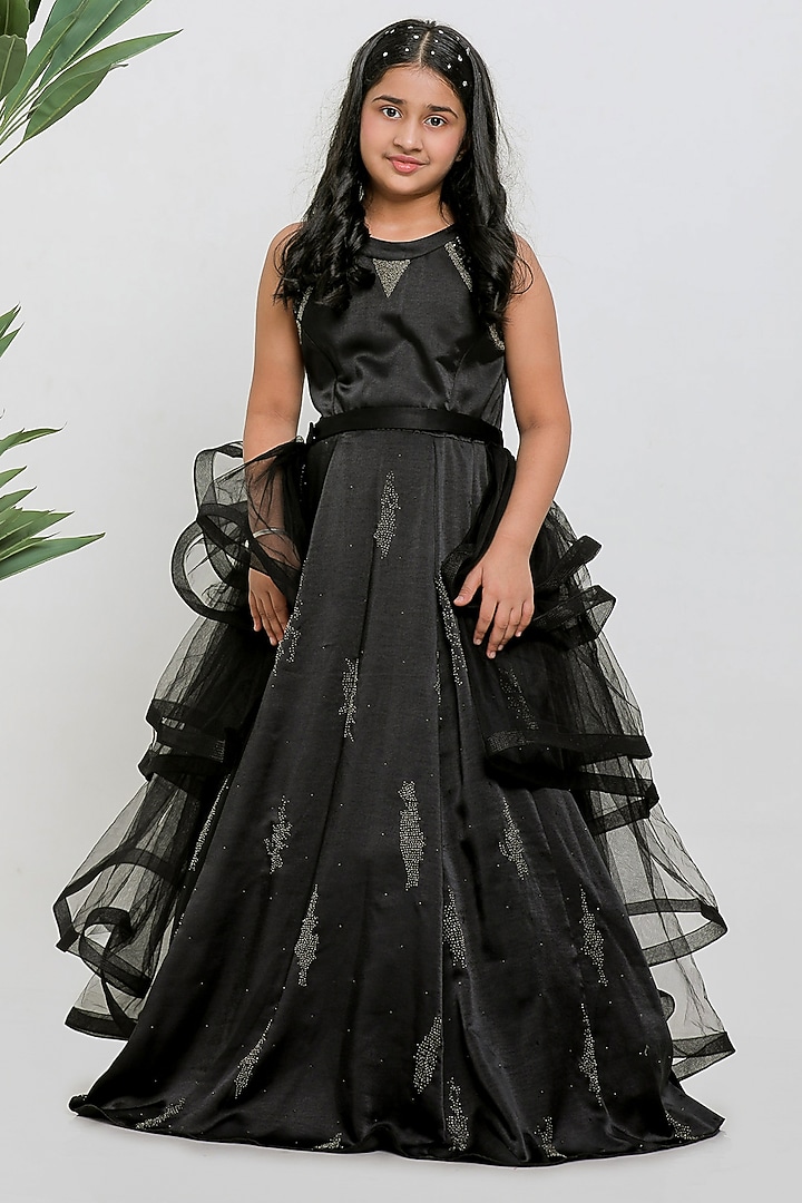 Black Satin Embroidered Gown With Drape For Girls by Li'l Angels at Pernia's Pop Up Shop