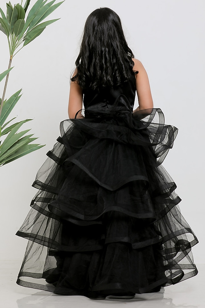 Black Satin Embroidered Gown With Drape For Girls by Li'l Angels at Pernia's Pop Up Shop