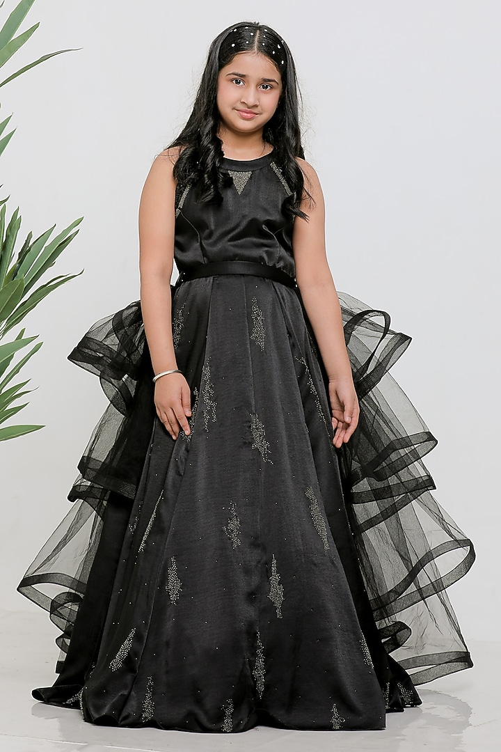 Black Satin Embroidered Gown With Drape For Girls by Li'l Angels at Pernia's Pop Up Shop