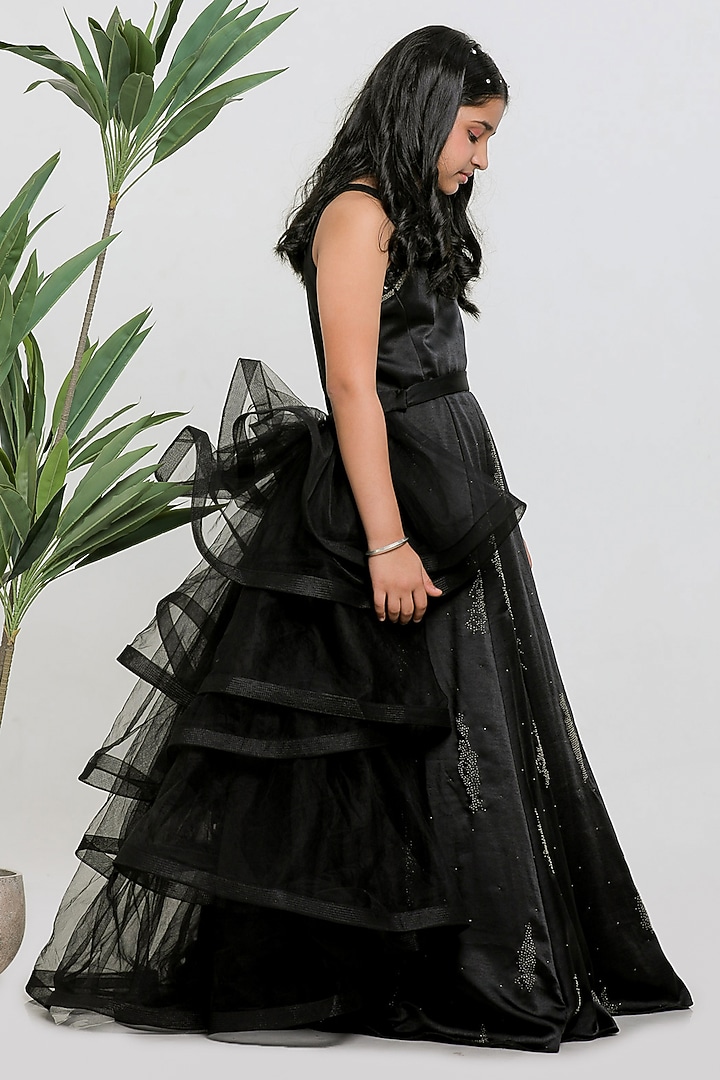 Black Satin Embroidered Gown With Drape For Girls by Li'l Angels at Pernia's Pop Up Shop
