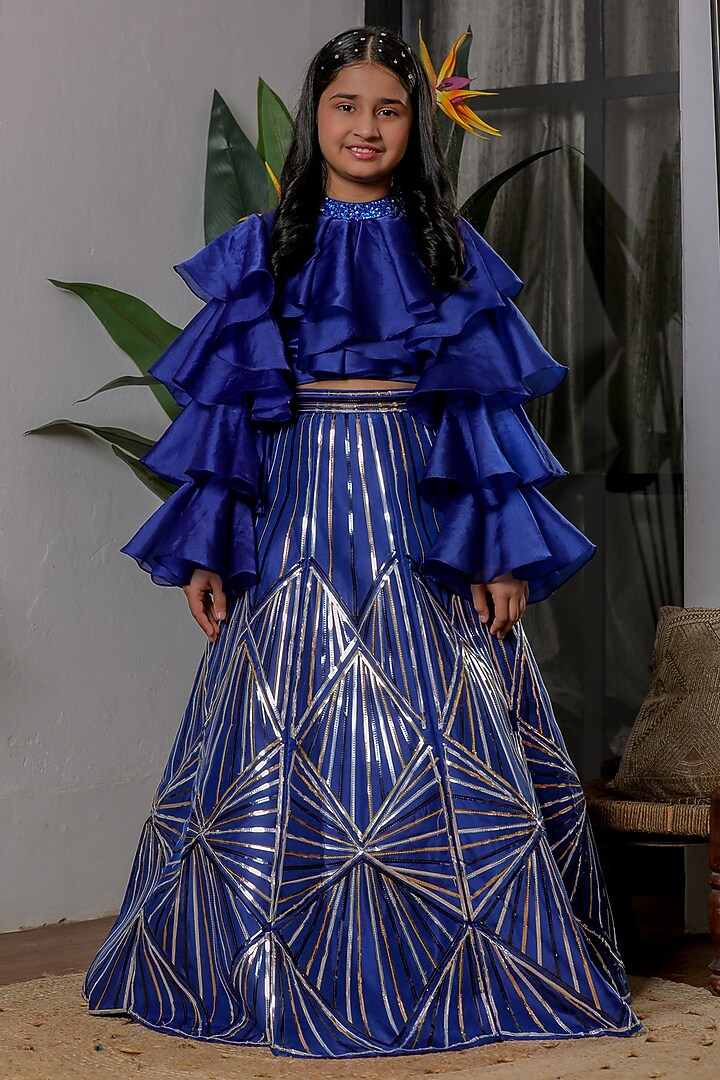 Black Silk Chrome Lehenga Set For Girls by Li'l Angels at Pernia's Pop Up Shop