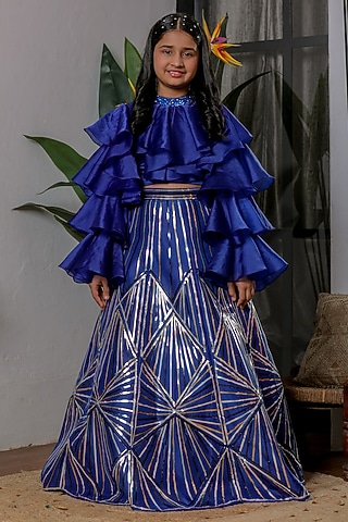 Black Silk Chrome Lehenga Set For Girls by Li'l Angels