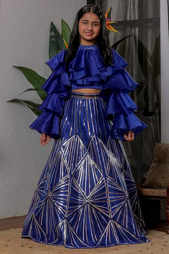 Black Silk Chrome Lehenga Set For Girls by Li'l Angels at Pernia's Pop Up Shop