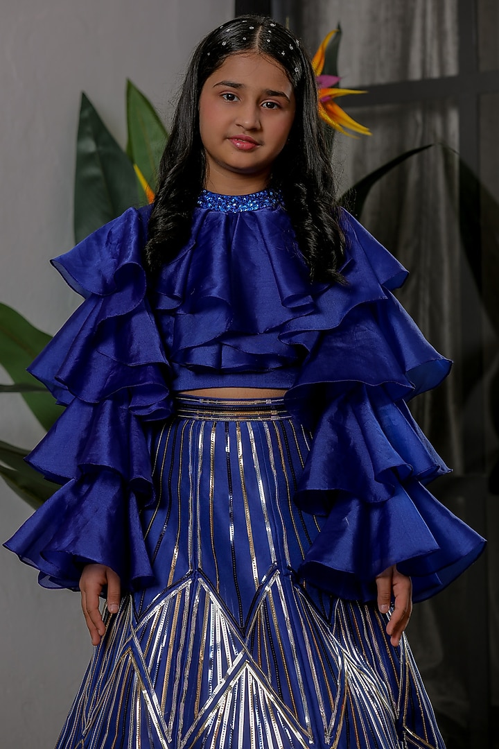 Black Silk Chrome Lehenga Set For Girls by Li'l Angels at Pernia's Pop Up Shop