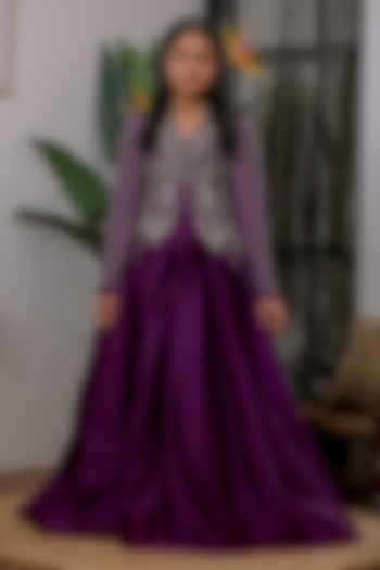 Purple Satin Organza Hand Embroidered Lehenga Set For Girls by Li'l Angels at Pernia's Pop Up Shop