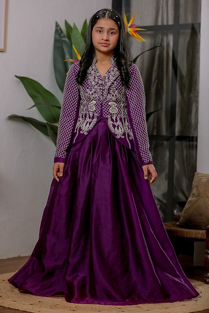 Purple Satin Organza Hand Embroidered Lehenga Set For Girls by Li'l Angels at Pernia's Pop Up Shop