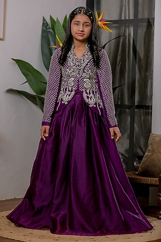 Purple Satin Organza Hand Embroidered Lehenga Set For Girls by Li'l Angels