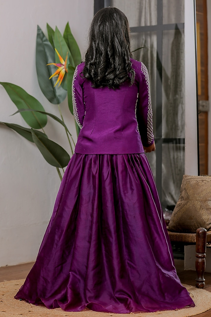Purple Satin Organza Hand Embroidered Lehenga Set For Girls by Li'l Angels at Pernia's Pop Up Shop