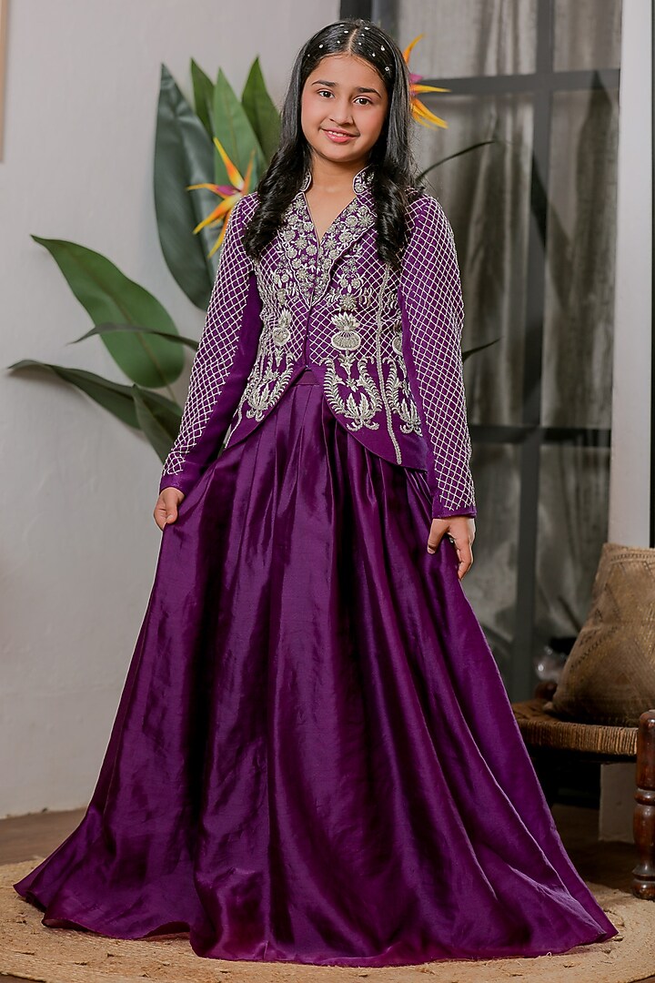 Purple Satin Organza Hand Embroidered Lehenga Set For Girls by Li'l Angels at Pernia's Pop Up Shop