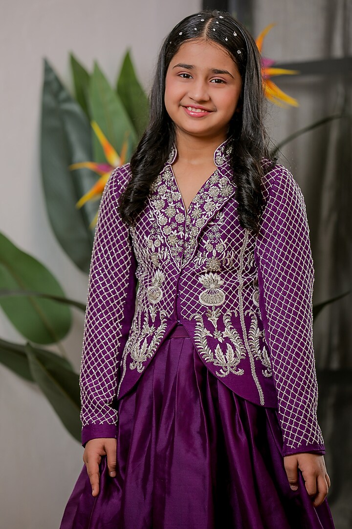 Purple Satin Organza Hand Embroidered Lehenga Set For Girls by Li'l Angels at Pernia's Pop Up Shop