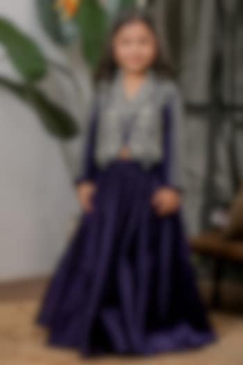 Blue Velvet Hand Embroidered Lehenga Set For Girls by Li'l Angels at Pernia's Pop Up Shop