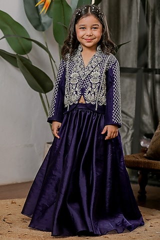 Blue Velvet Hand Embroidered Lehenga Set For Girls by Li'l Angels