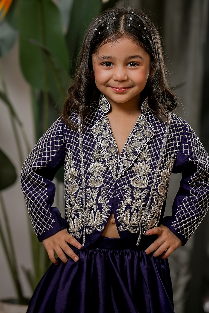 Blue Velvet Hand Embroidered Lehenga Set For Girls by Li'l Angels at Pernia's Pop Up Shop