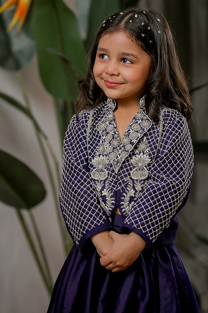 Blue Velvet Hand Embroidered Lehenga Set For Girls by Li'l Angels at Pernia's Pop Up Shop