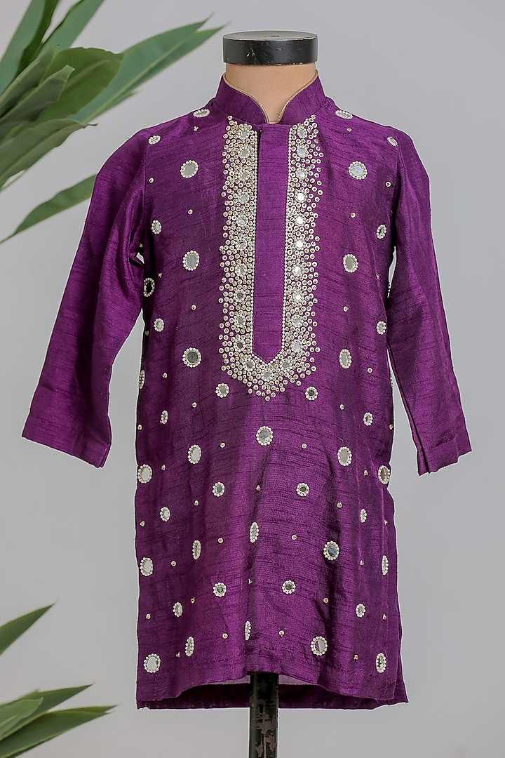 Purple Silk Mirror Work Kurta Set For Boys by Li'l Angels at Pernia's Pop Up Shop