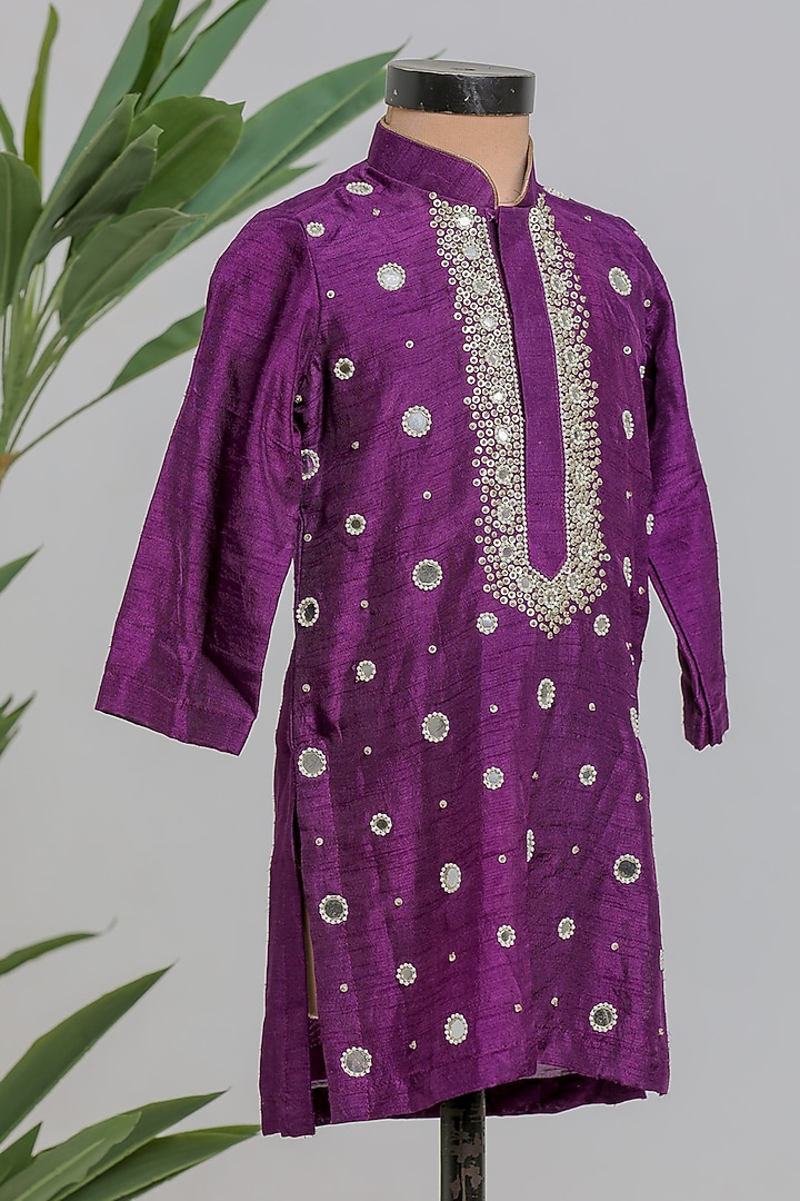 Purple Silk Mirror Work Kurta Set For Boys by Li'l Angels at Pernia's Pop Up Shop