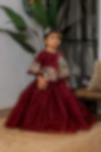 Wine Satin Jacket Lehenga Set For Girls by Li'l Angels at Pernia's Pop Up Shop